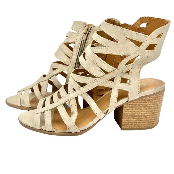 Qupid Women's Tan Strappy Ankle Open Toe Zip Side Sandals Size 10 - Picture 1 of 5